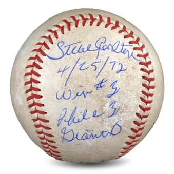 1972 Steve Carlton Game Used and Signed/Inscribed Baseball From 1-Hitter, 14 Strikeout Game (MEARS)